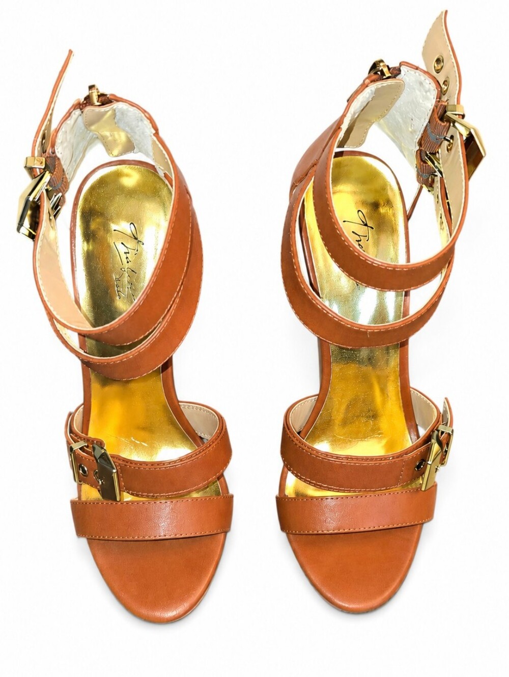 Thalia Sodi Elia Buckle Platform Wedge Sandals Cognac Brown - Size 9.5M